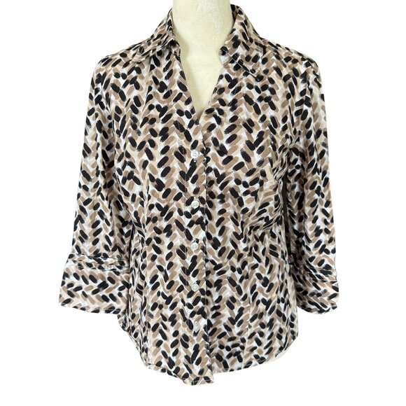 Alfani tan and black collared button down 3/4 sleeve v-neck blouse top size 4 - Picture 1 of 10